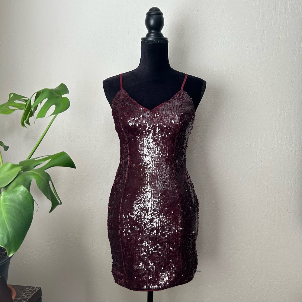 Oxblood Red Burgundy Holiday Sequin Mini Dress